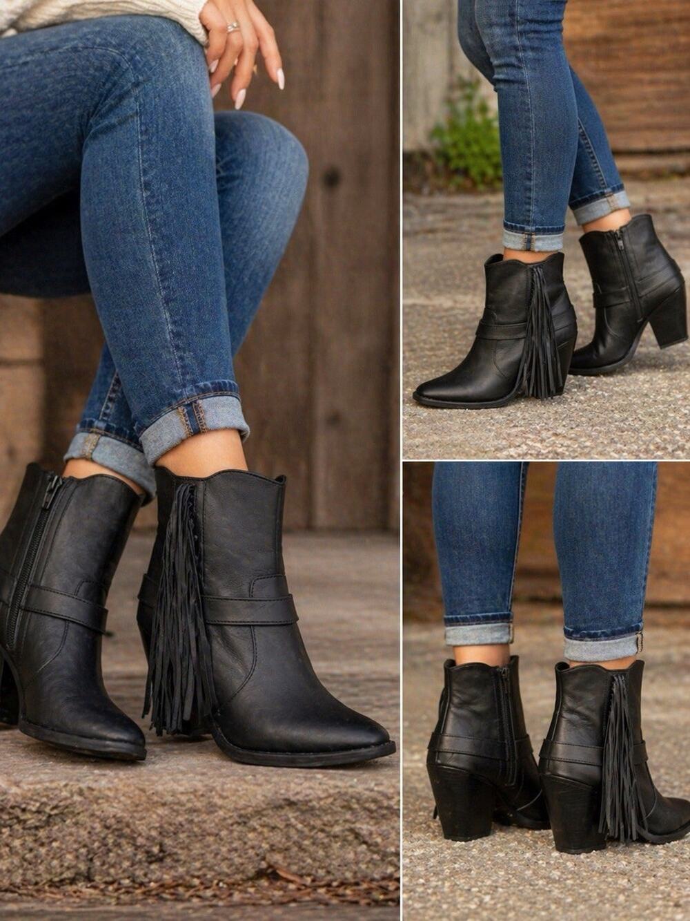 Gianni Bini Black Leather Fringe Ankle Boots Block Heel Zip Womens 9.5M